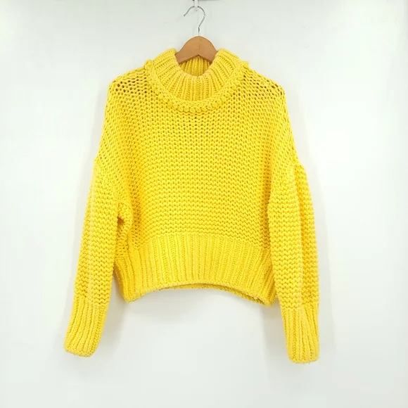 Free People Women Small My Only Sunshine Yellow Mock Neck Relaxed Boho Sweater - Picture 2 of 15